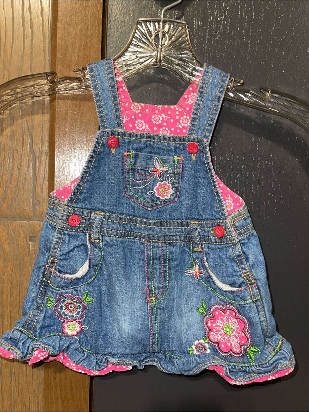 The Children's Place Denim Overall Dress with Pink Floral Accents